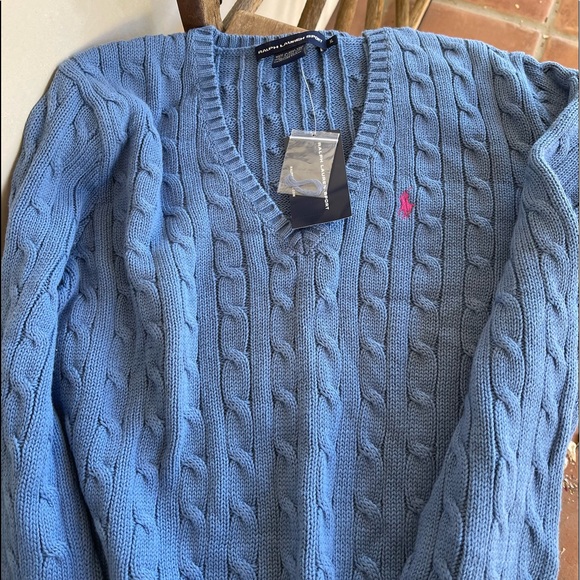 RALPH LAUREN Classic Preppy Blue Cable Knit V-Neck Sweater Pink Polo Pony XL NEW - Picture 9 of 12